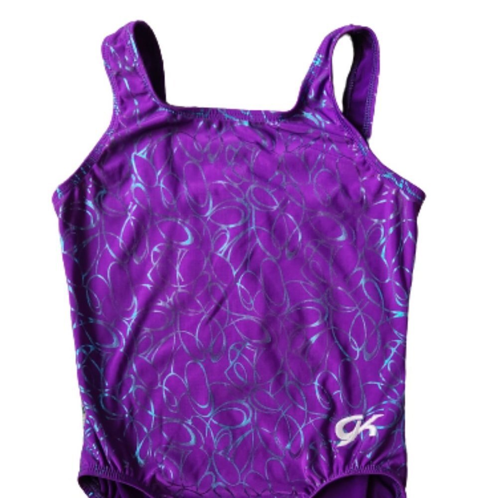 GK Purple Metallic Loops Leotard - Girls Medium EUC